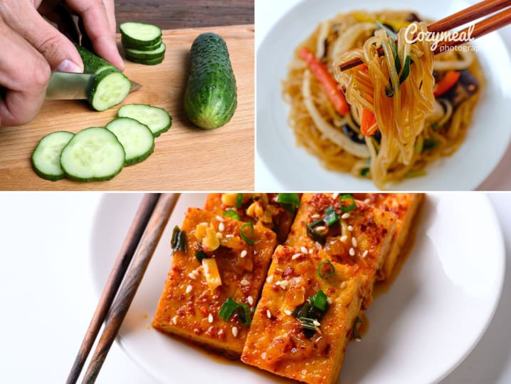 slicing cucumbers, spicy tofu and glass noodles