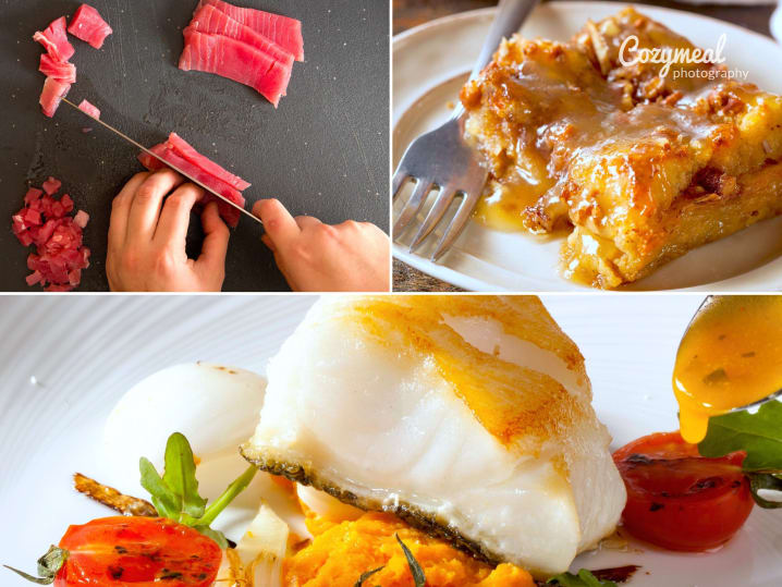 slicing tuna, bread pudding and chilean sea bass