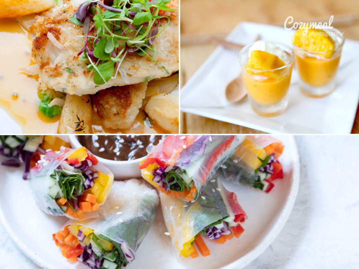 sole fish with mango pudding and vegetable spring rolls