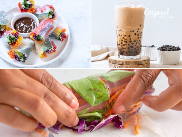 spring rolls and boba tea