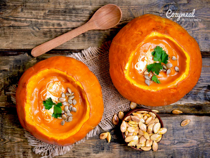 squash soup in a pumpkin