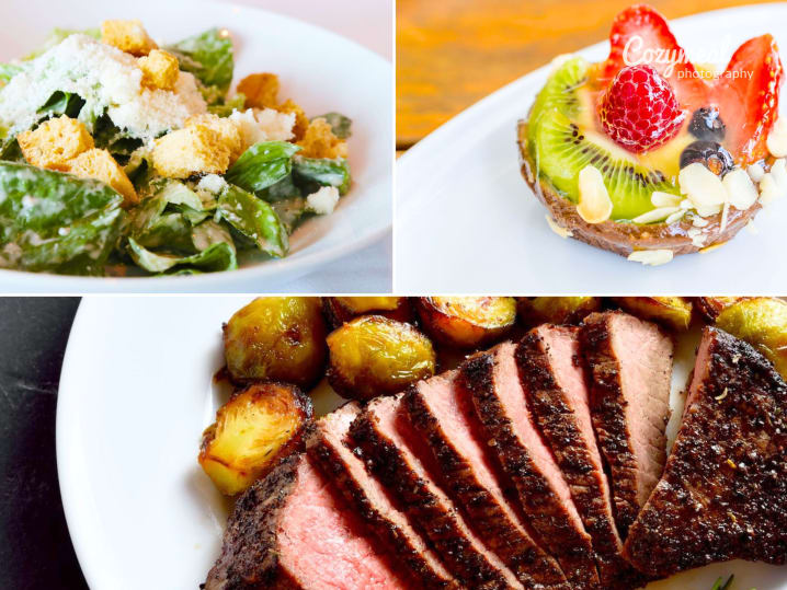 steak with a caesar salad and a fruit tart