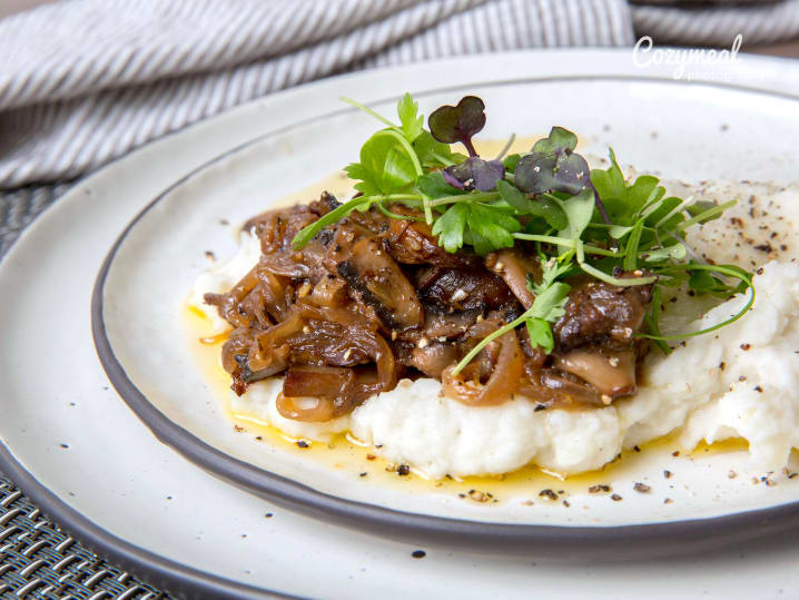 steak with mushroom demi glace and parsnip puree