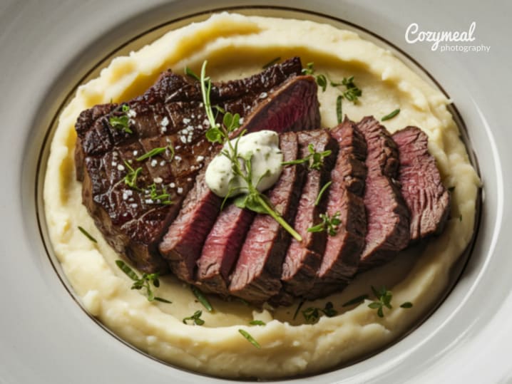 steak over potato puree and herb butter on top
