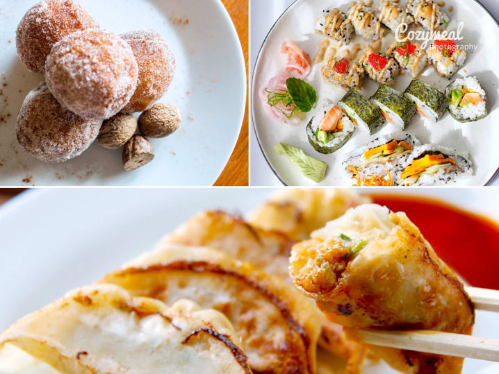 sushi and dumplings with chinese doughnuts