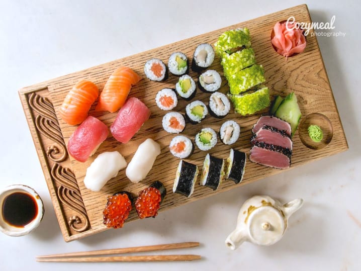 sushi platter with nigiri, sashimi and sushi rolls