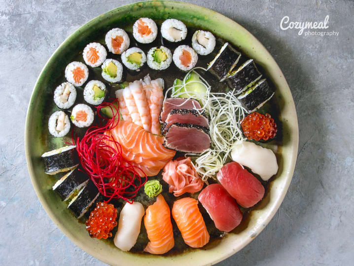sushi rolls, sashimi and nigiri