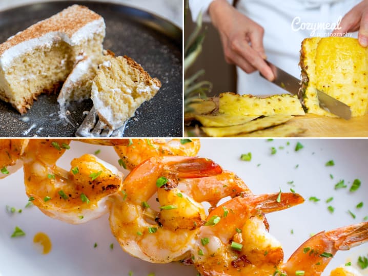 tres leches cake, slicing pineapple and grilled shrimp