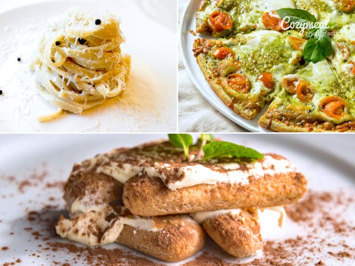 vegan cacio e pepe with pesto pizza and tiramisu