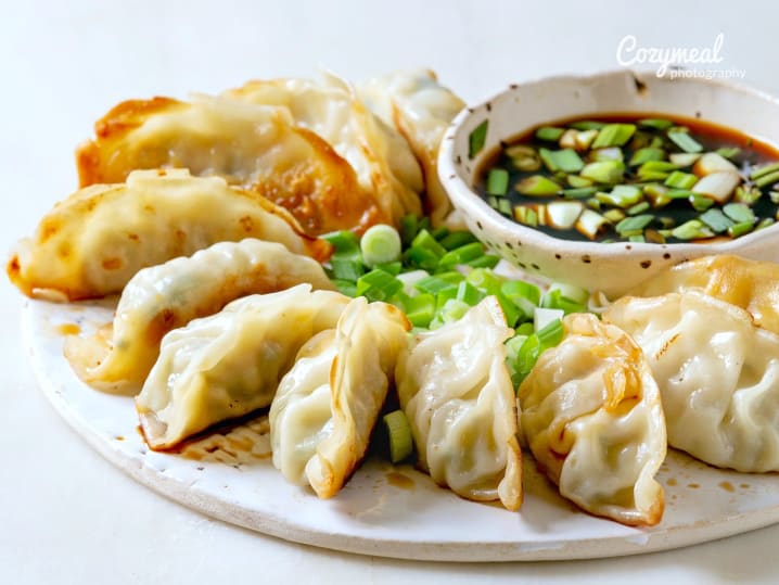 vegetable gyoza dumplings with green onions and soy sauce