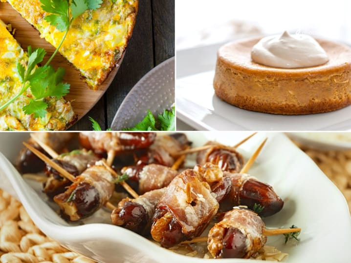 vegetable spanish tortilla and bacon wrapped dates with dulce de leche cheesecake