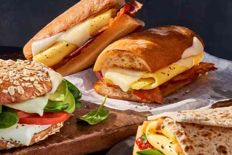 Breakfast sandwiches with bacon, eggs, cheese and sausage from the Panera breakfast menu