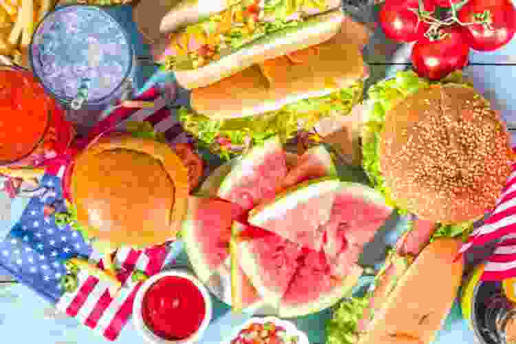 cookout foods on red, white and blue background