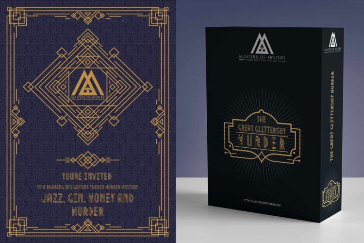 1920s murder mystery game invitation and box