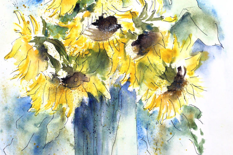 yellow sunflowers in blue vase watercolor