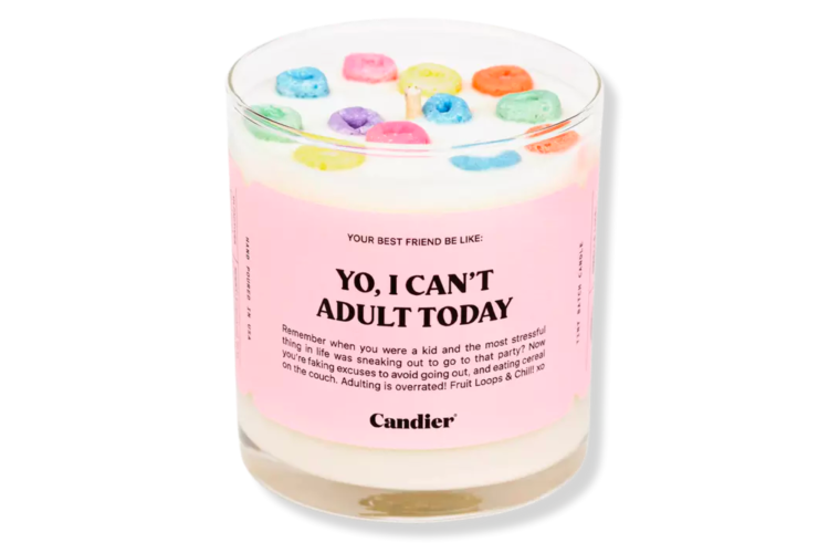 I can't adult today candle from Ulta with fruit loops cereal on top