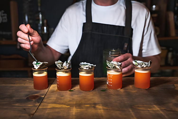 Bartender in a speakeasy with cocktails topped with oysters