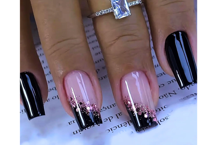 Black Nails With Pink Glitter Tips