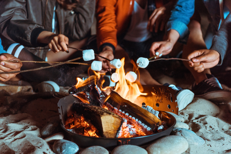 friends roasting marshmallows at bonfire
