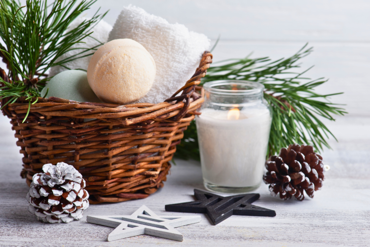 DIY spa gift basket filled with bath bombs and candles