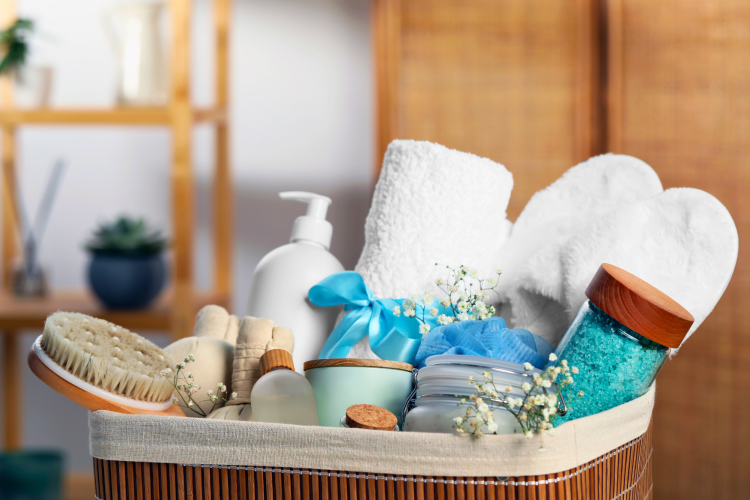 spa set gift basket with lotion, scrubs and salts