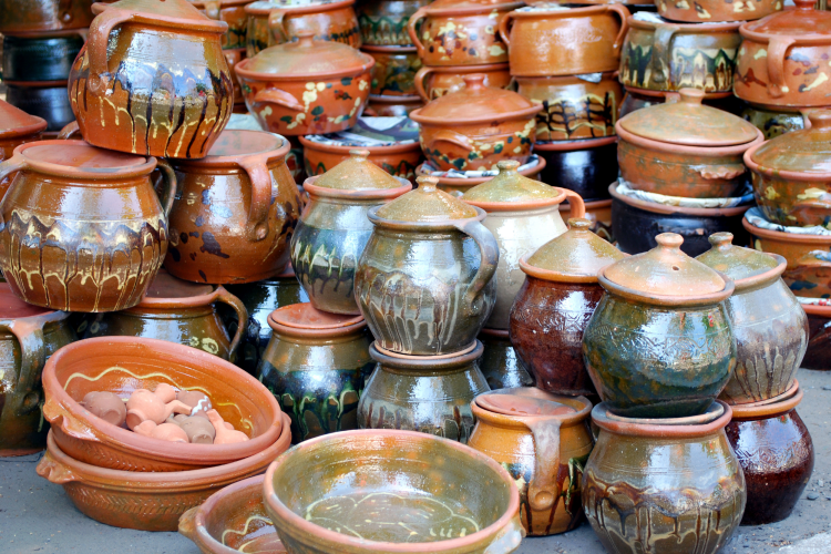 collection of colorful earthenware type of clay pots