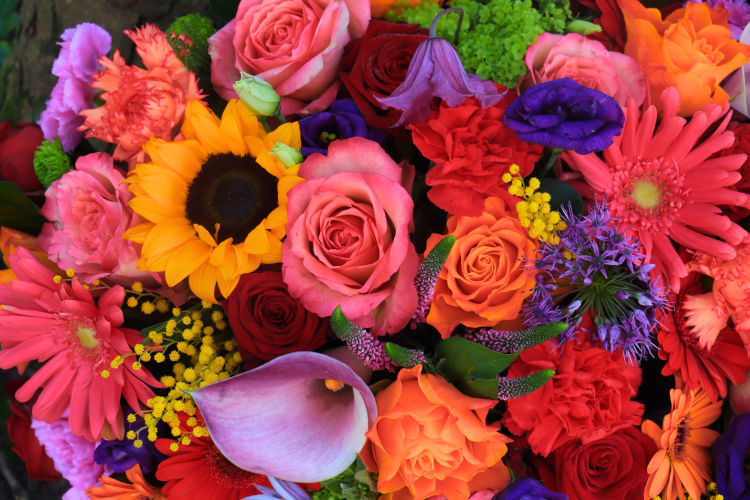 bright sunflowers, roses and more for this wedding theme.