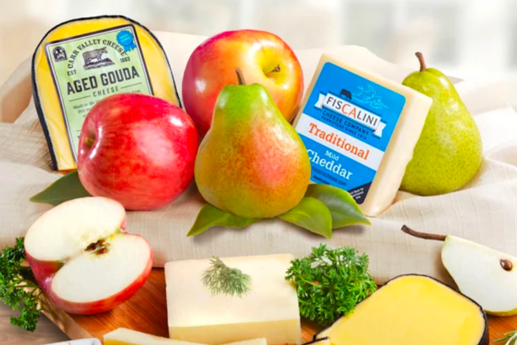 gift basket filled with California cheese and fruit