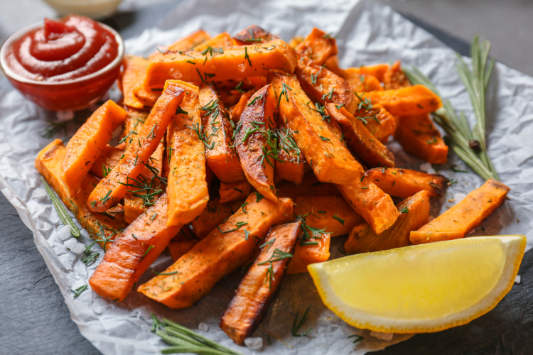 Garlic Herb Sweet Potato Fries on platter