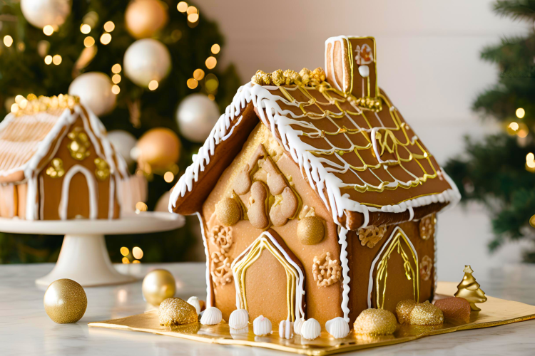 A creative gingerbread house house idea is to accent it with gold.