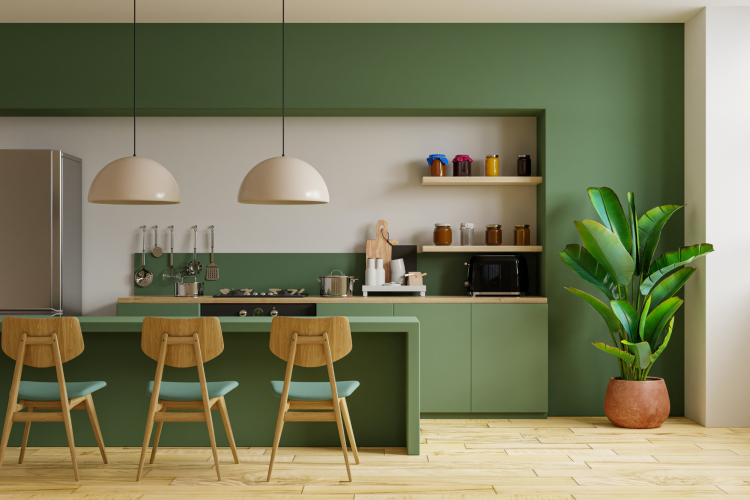 Modern Style Kitchen Interior Design with Green Wall.