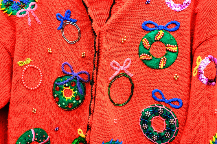 Take inspiration from holiday wreaths with this ugly Christmas sweater idea.