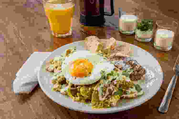 Mexican traditional chilaquiles breakfast Green red salsa
