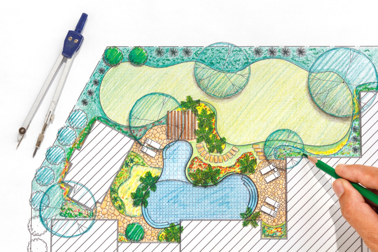 hand sketching landscape plans with colored pencils
