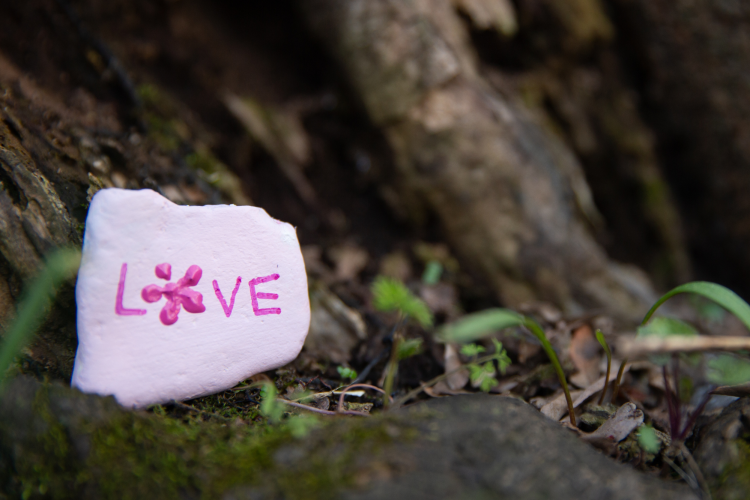 small rock with the word love painted in pink