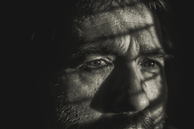 Man's face close up in black and white