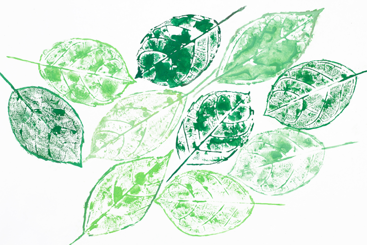 painted leaf stamp art on paper