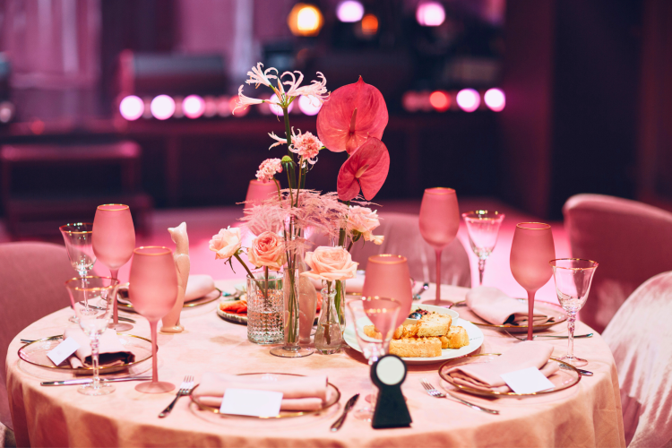 rose gold party decorations on table setting