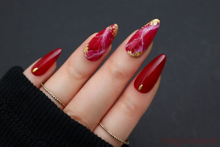 Red and Gold Marble Acrylic Nails