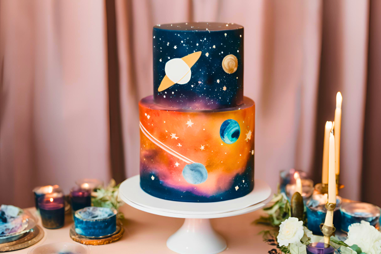 This space-themed wedding cake is perfect for this wedding theme.