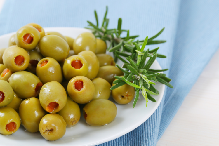 pimento stuffed olives on a platter