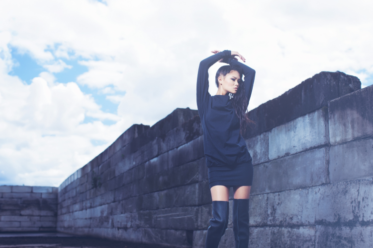 Turtleneck Dress with Thigh-High Boots