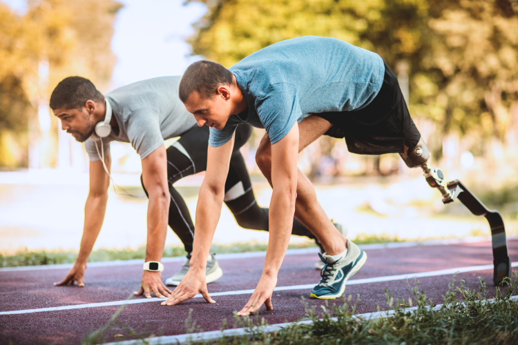 Two male friends racing