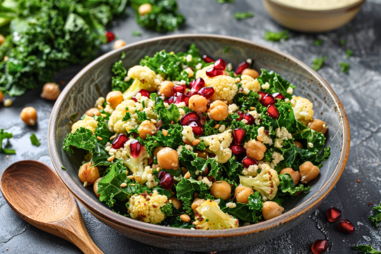 roasted cauliflower kale salad adorned with pomegranate seeds chickpeas drizzle
