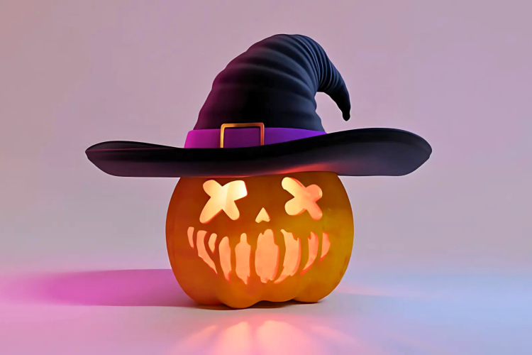 Halloween colors with a carved pumpkin wearing a witch's hat