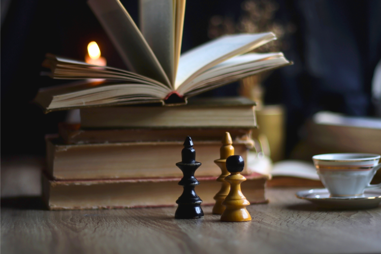 dark academia showing chess pieces and books