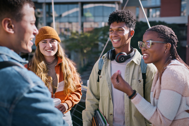 group of diverse friends chatting hypothetically outside
