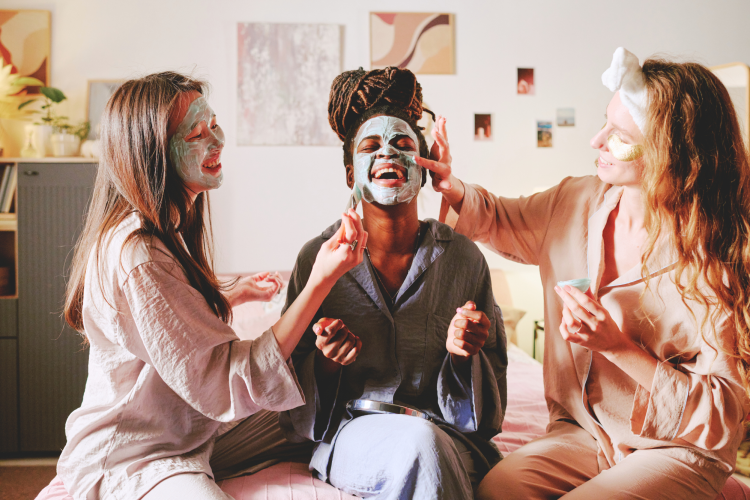 friends trying on different face mask ideas