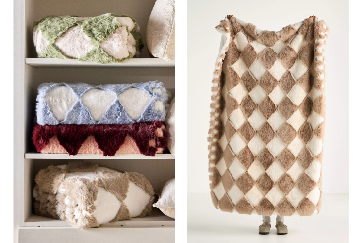 Checkered Faux Fur Throw Blanket