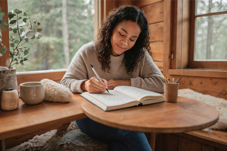 a woman writing in her journal